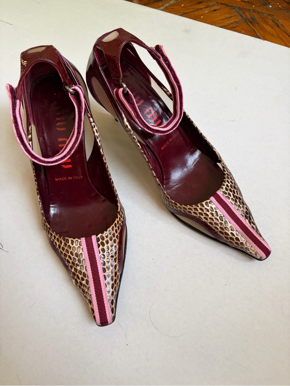 Miu Miu Burgundy, Pink and Tan Snake-Print Pointed Heels